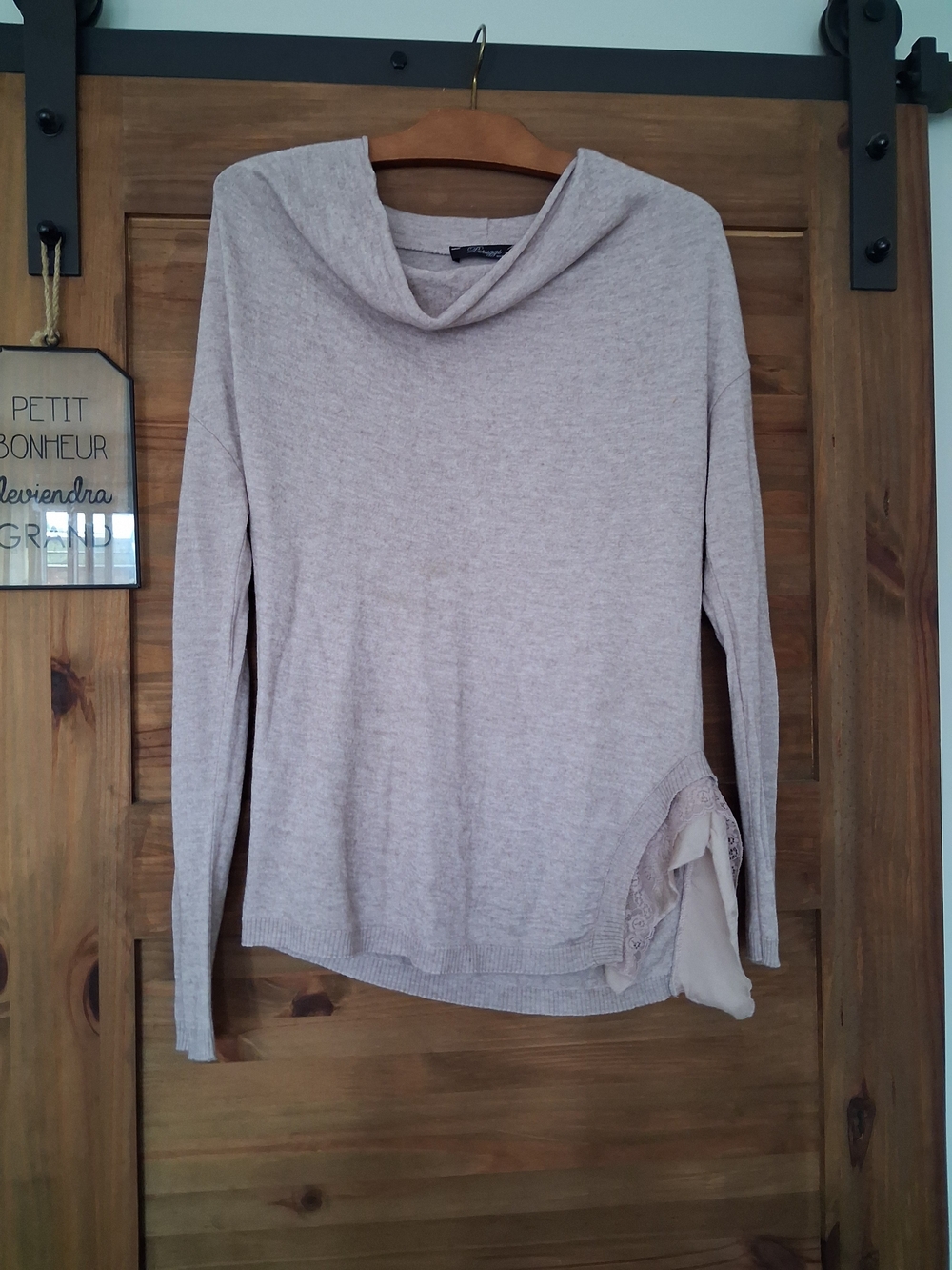 Peruzzi Light Taupe Cowl Neck Sweater with Lace-Hem Detail